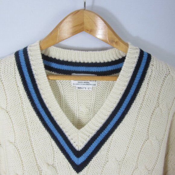 Vtg Davison's Bermuda Large Ivory Navy Blue Wool Cable Knit V Neck Sweater Golf - Picture 9 of 9
